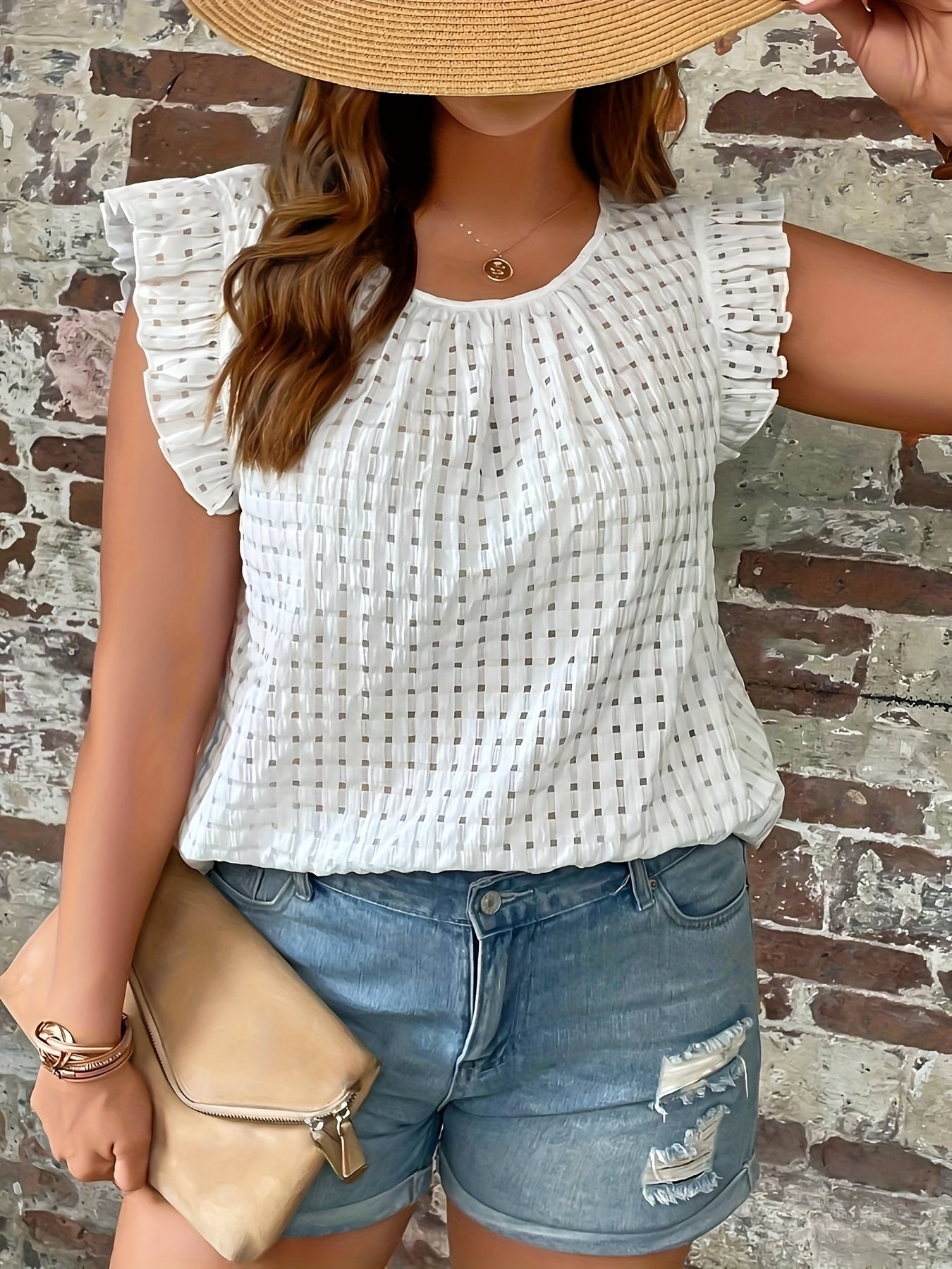 Plus Size Solid Cutout Crew Neck Blouse with Flutter Sleeves for Spring Summer