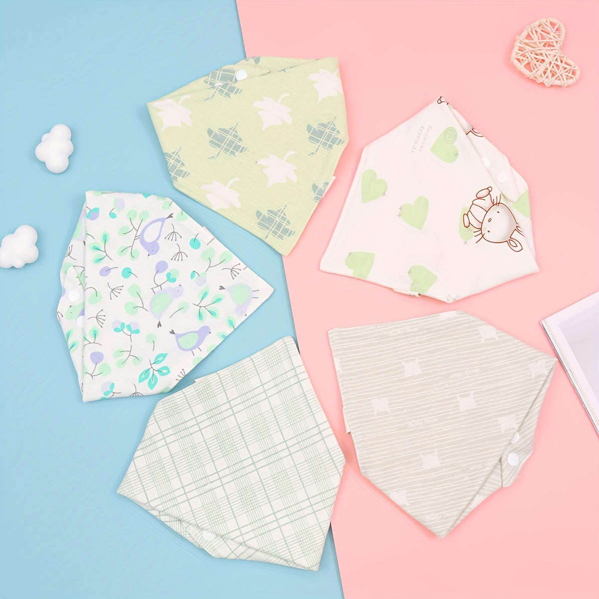 Baby Bibs Set of 5 Cotton Double-Layer Feeding Bibs with Button Closure for Infants and Toddlers