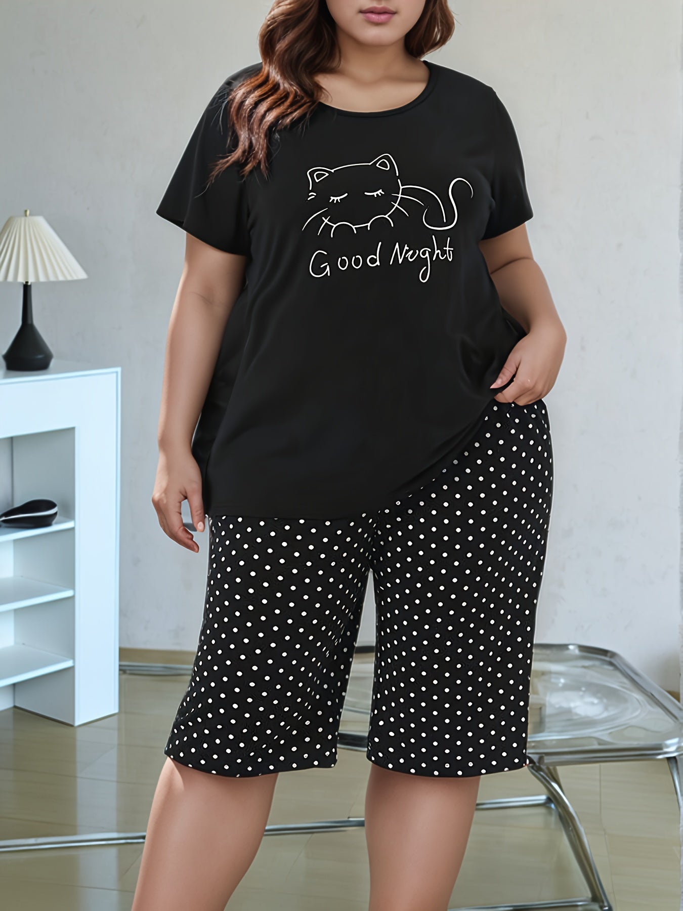 Conjunto de pijama casual de algodón de manga corta para mujer con estampado de gatito