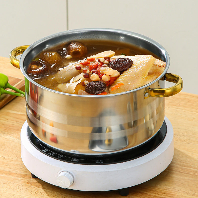 Набор из 10 нержавеющих стальных кастрюль с большой емкостью, легкие в очистке, различных размеров, универсального применения, включает в себя крышки из нержавеющей стали с термостойкими золотыми ручками.