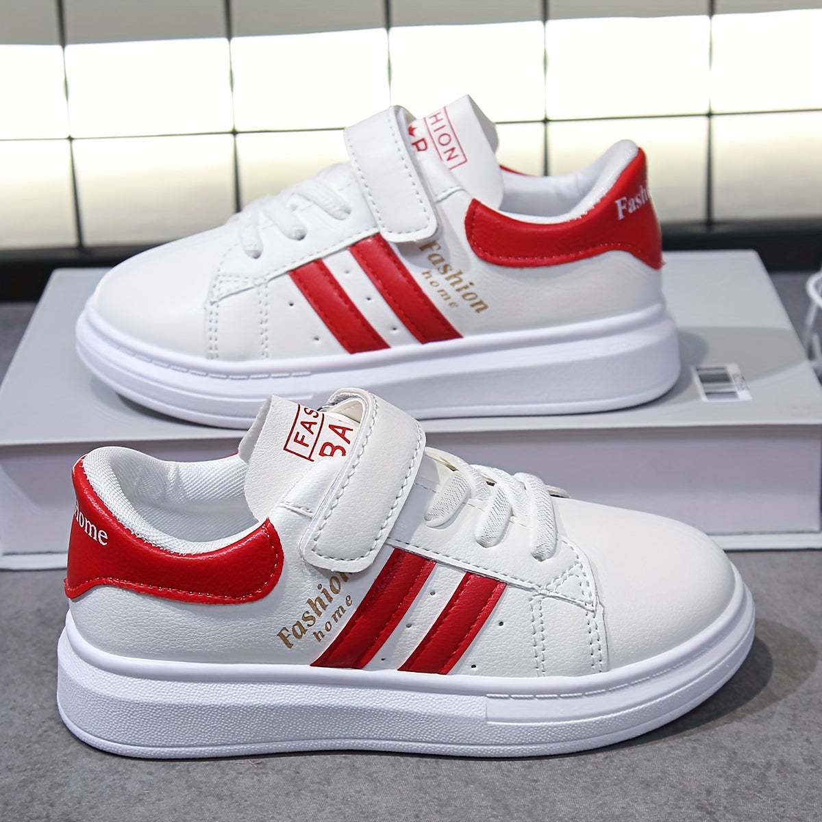 Kids' White Casual Sneakers for Boys and Girls with Red Stripes, PU Upper, PVC Sole