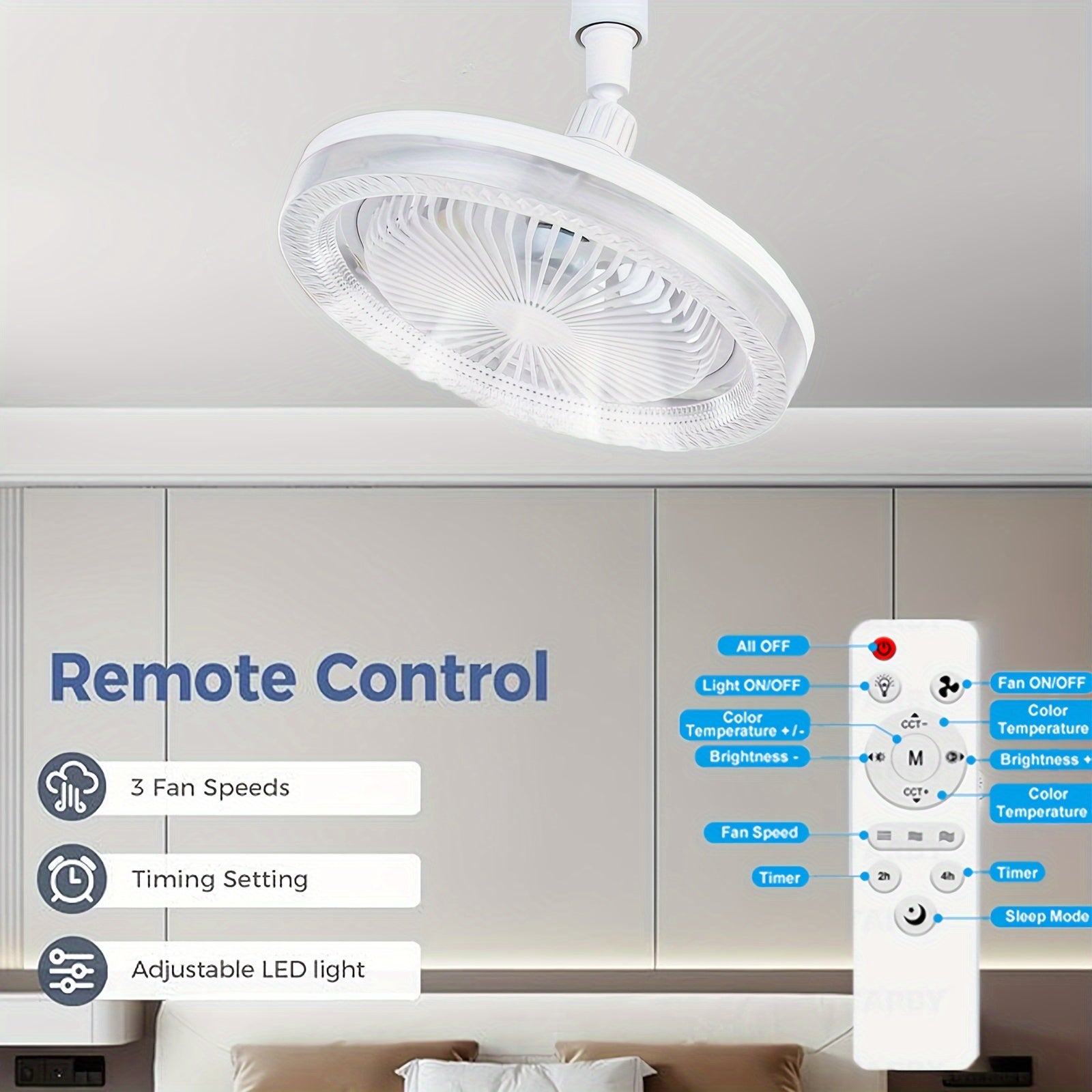 10-Inch Ceiling Fan with Remote Control Dimmable LED Light for Small Spaces