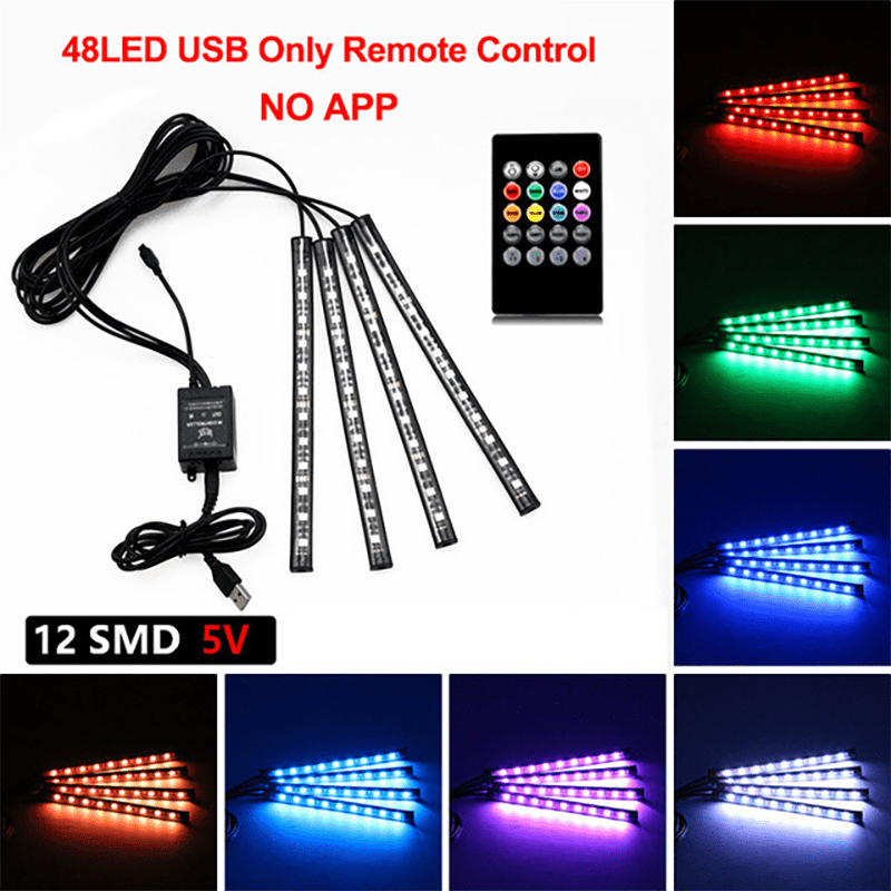 RGB Neon LED Car Interior Ambient Foot Strip Light Kit with Remote Control
