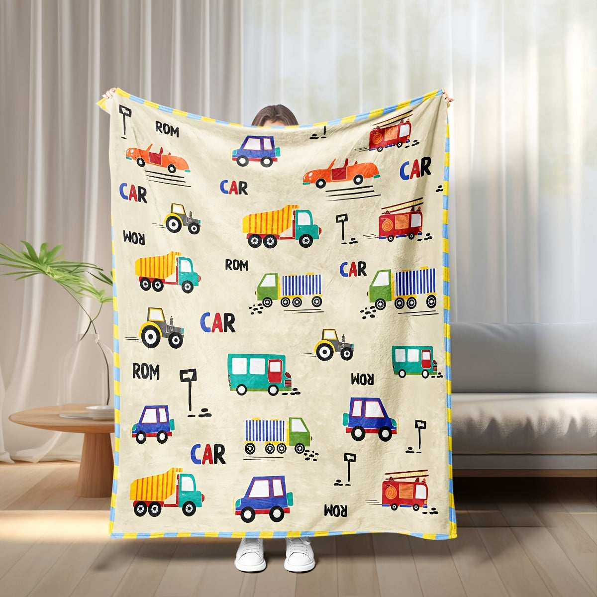 Kids Cartoon Car and Truck Print Flannel Wearable Blanket Soft Warm Tear-Resistant