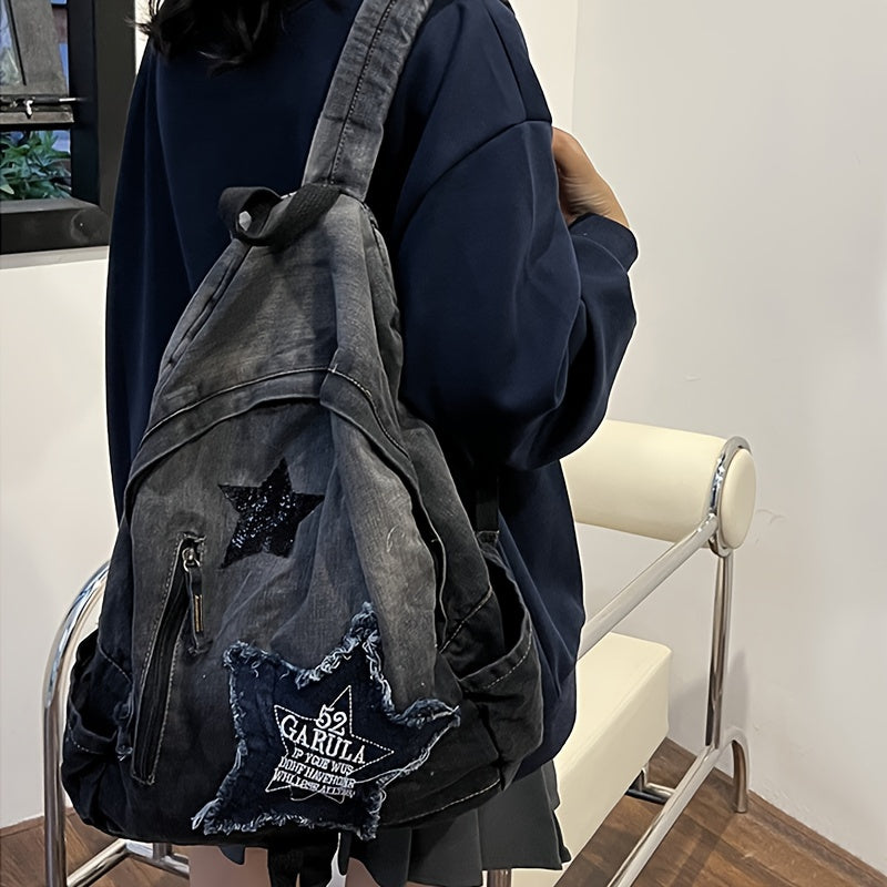 Yuvilgan Gradient Denim Elka Sumkasi, Qizil Yulduz Patch bilan, Ayollar uchun Katta Hajm