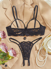 Black Lace Lingerie Set with Underwire and T-Pants for Small Chest Lift