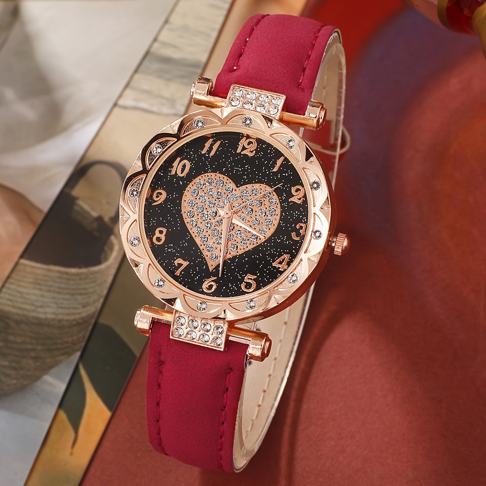 Women's Heart Quartz Watches Set with Rhinestone Accents and Matching Jewelry