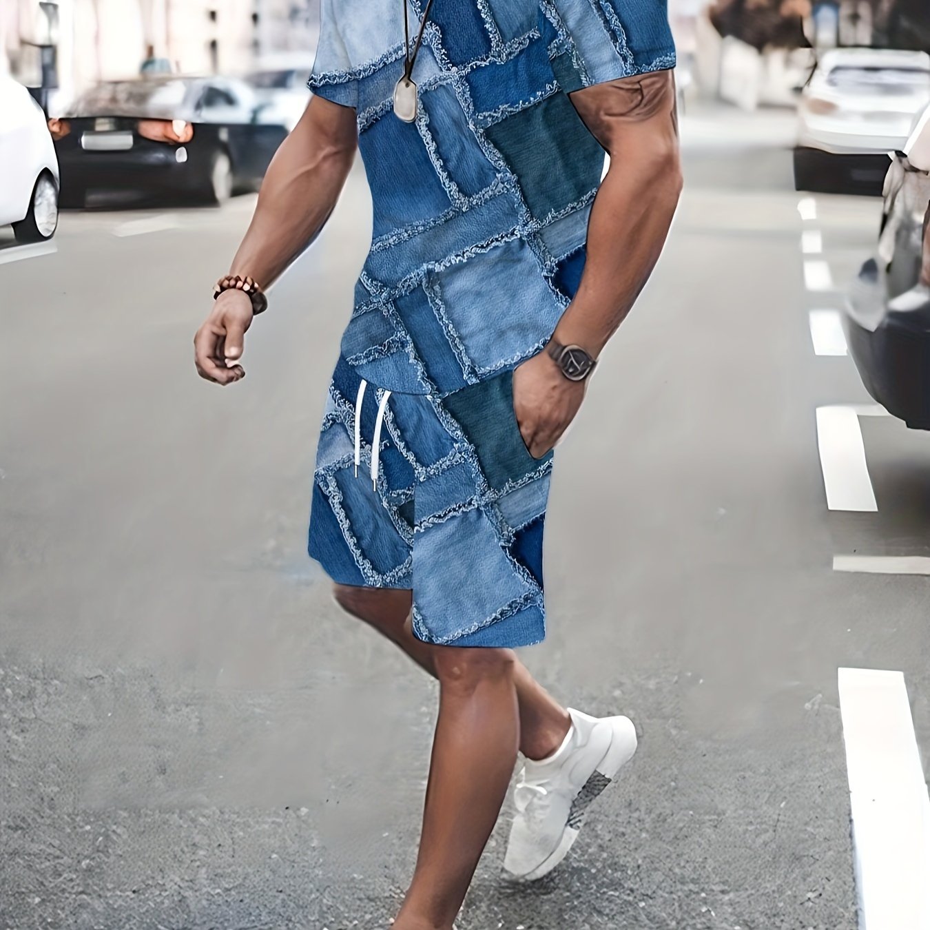 Katta o'lchamdagi kesilgan kontrast rangli 3D bosma bilan ajralib turadigan erkaklar uchun tasodifiy sport kostyumi.