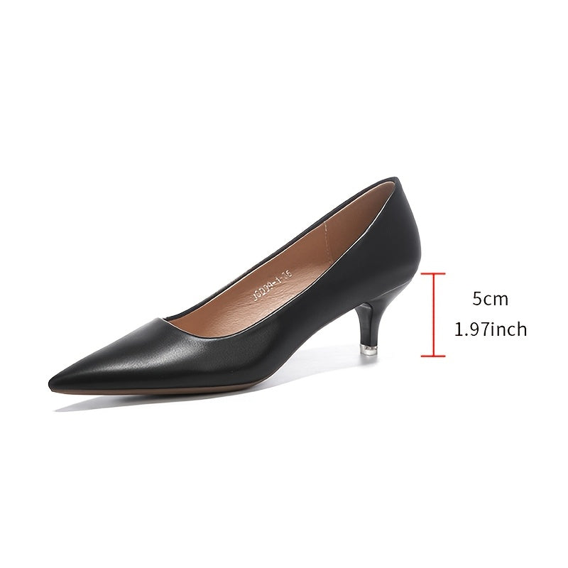 Women's Black Faux Leather Mid-Heel Pumps with Pointed Stiletto Toe and Rubber Sole