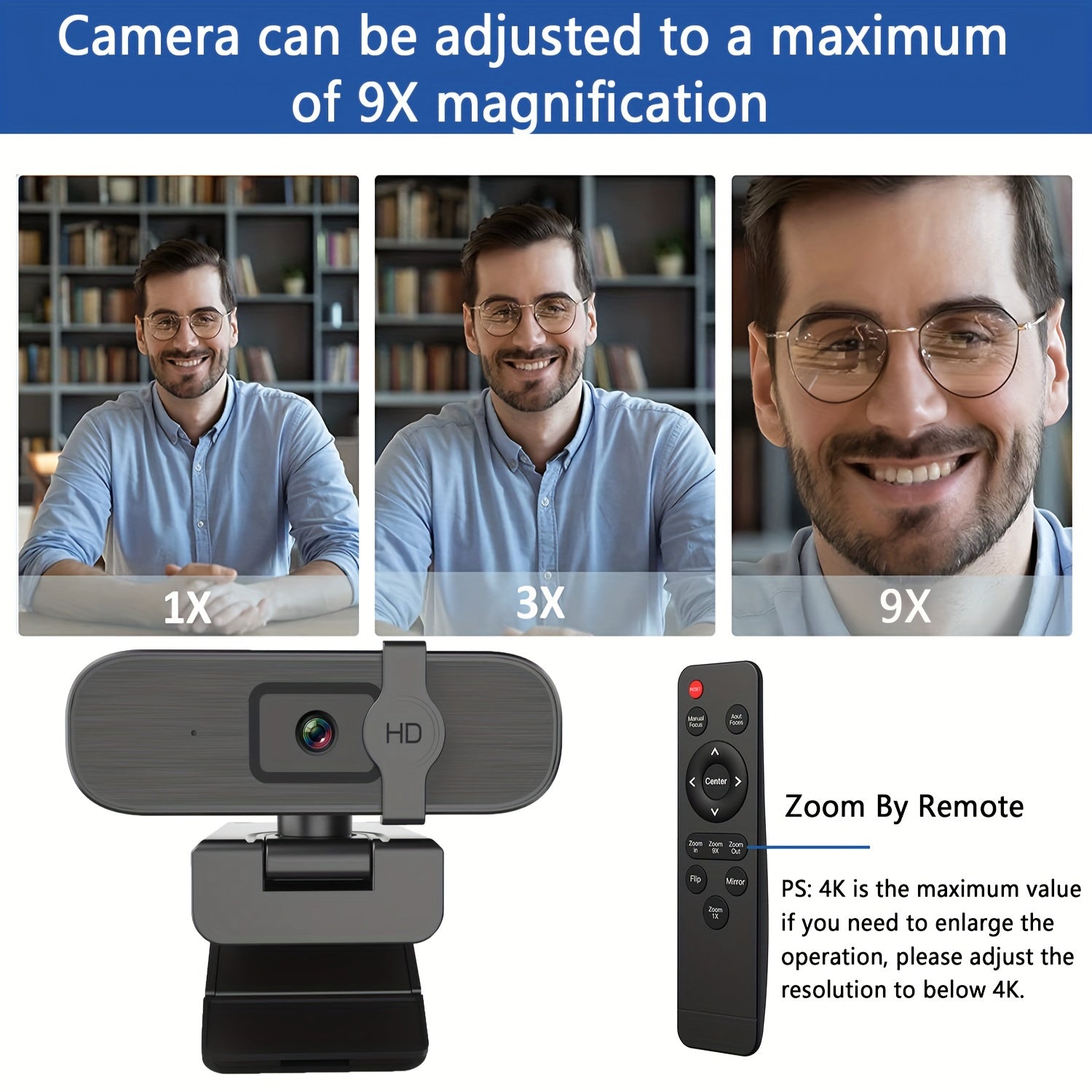 4K HD Webcam with Remote Control Privacy Cover Microphone for PC Laptop Video Conferencing