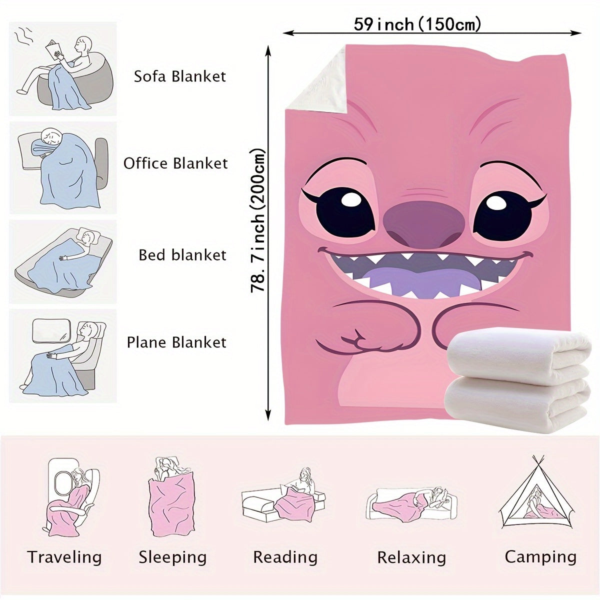Pink Plush Throw Blanket with Cartoon Design Soft Polyester Knit for Bed Sofa Travel