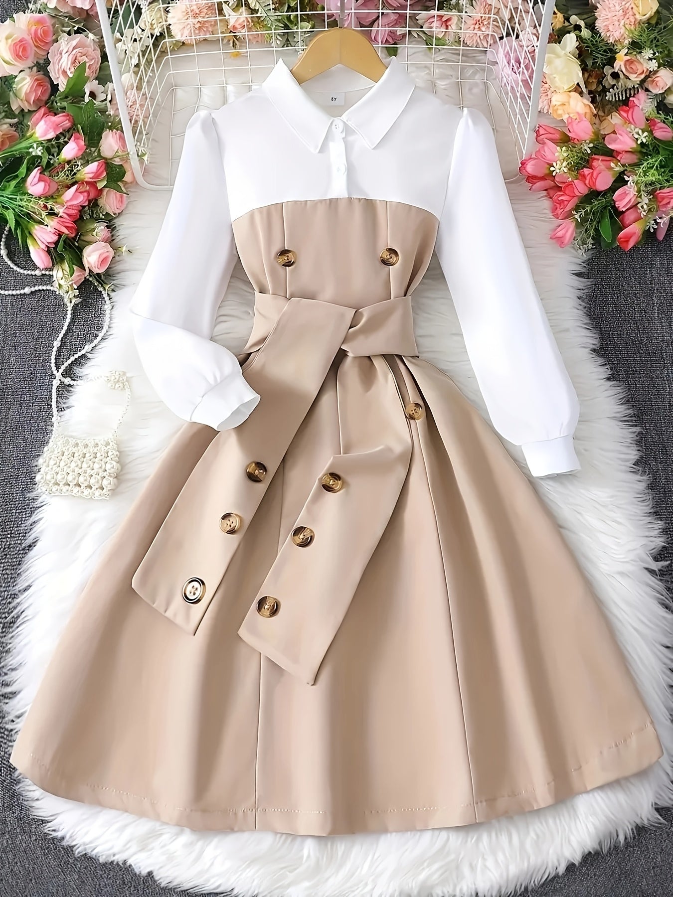 Girls' Black and White Color Block Dress with Belt and Button Details for School and Casual Wear