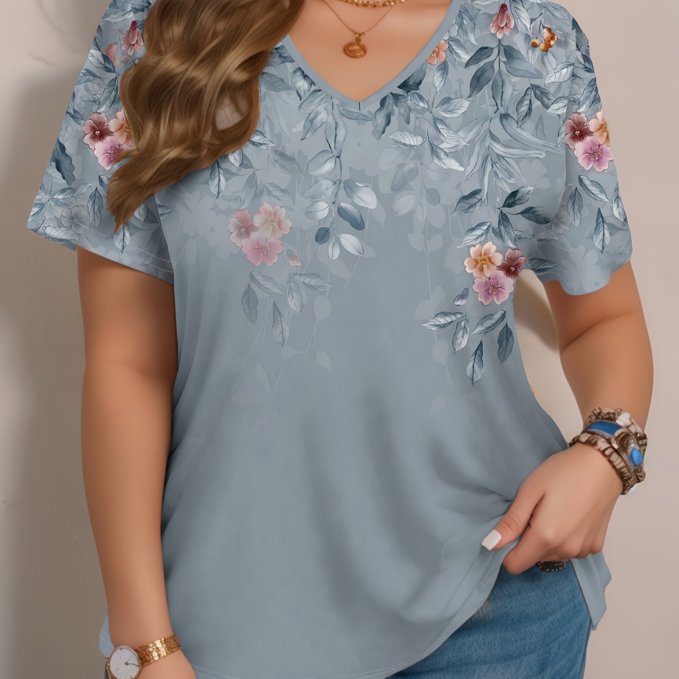 Plus Size Floral V-Neck Short Sleeve T-Shirt for Women