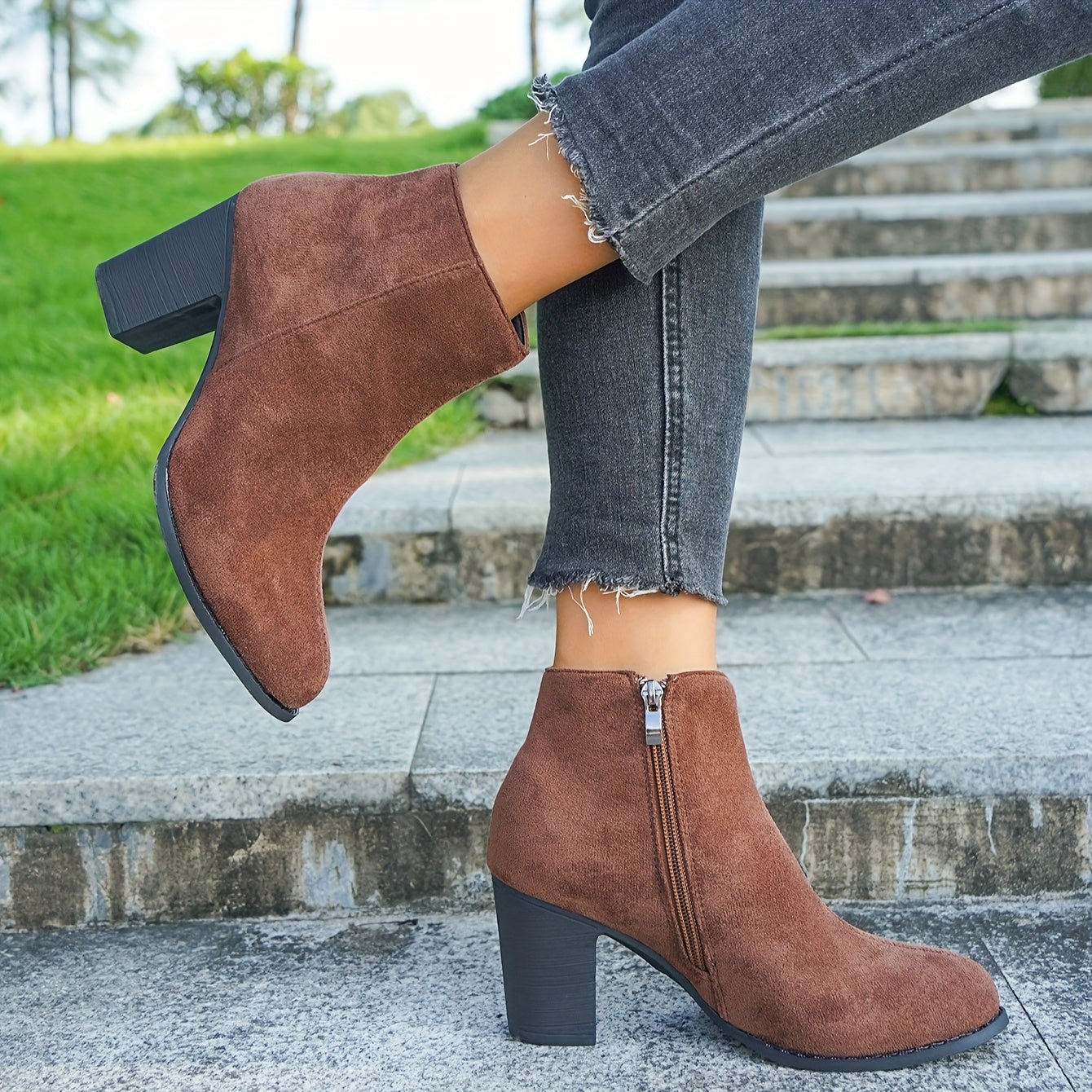 Women's Fabric Ankle Boots Side Zipper Round Toe Block Heel Solid Color