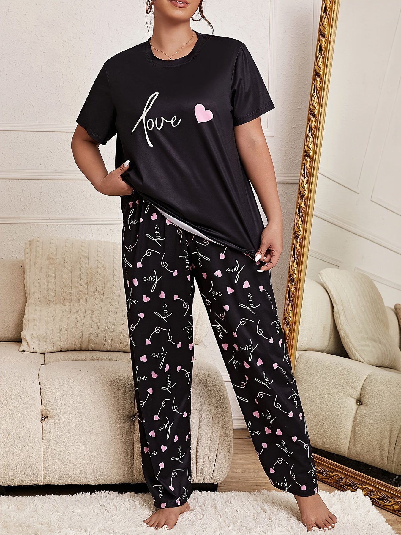 Plus Size Womens Pajama Set Colorful Heart Print Long Sleeve Top and Pants