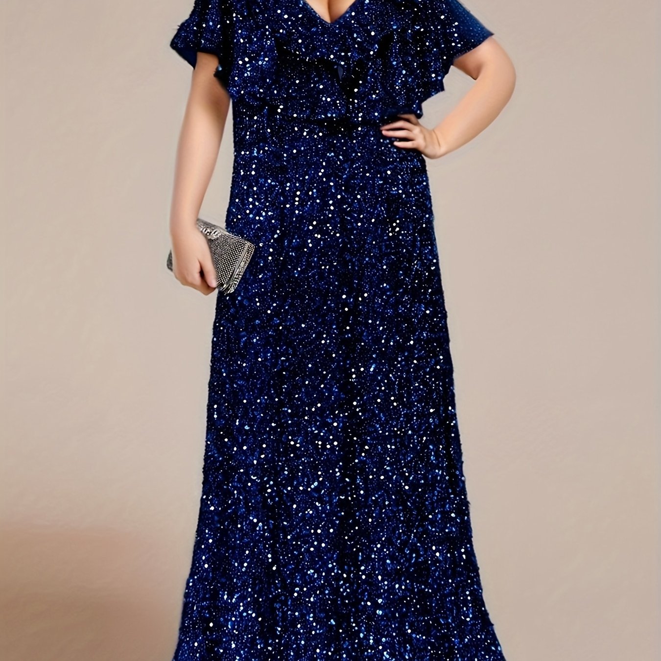 Plus Size Sequin Gown Woman V-Neck Short Sleeve Floor Length Party Dress