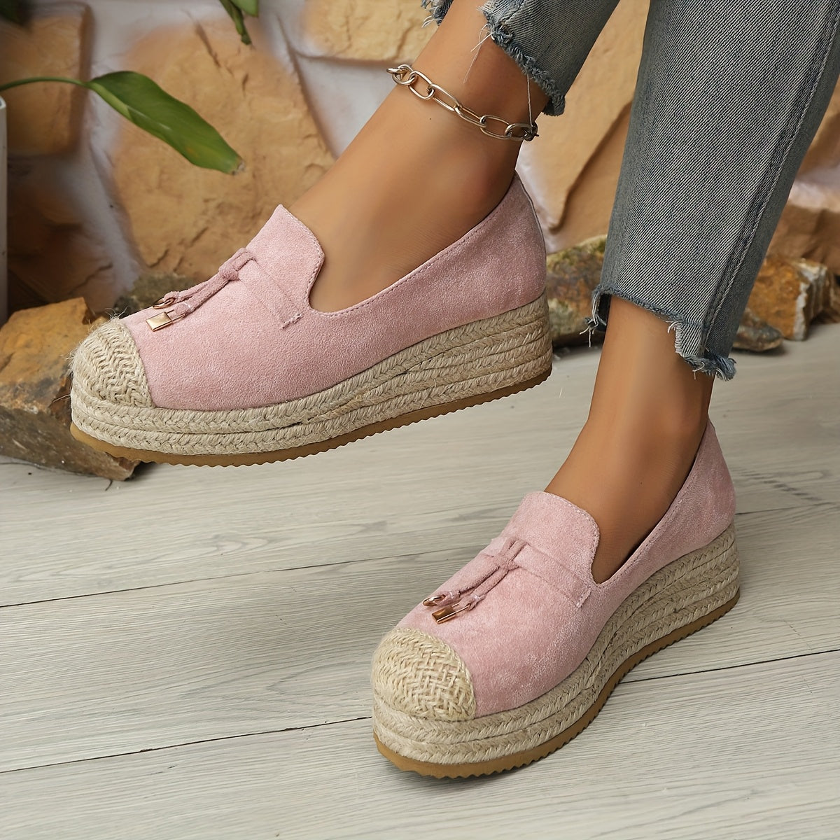 Women's Pink Platform Loafers with Jute Wedge Sole and Metallic Accents