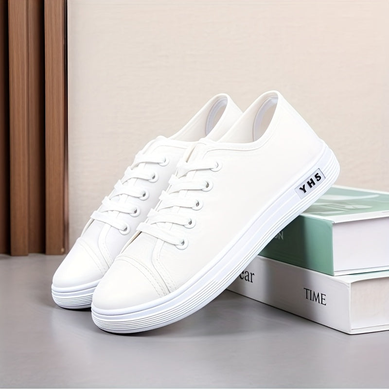 Women's White Low-Top Sneakers with Breathable Fabric and Rubber Sole