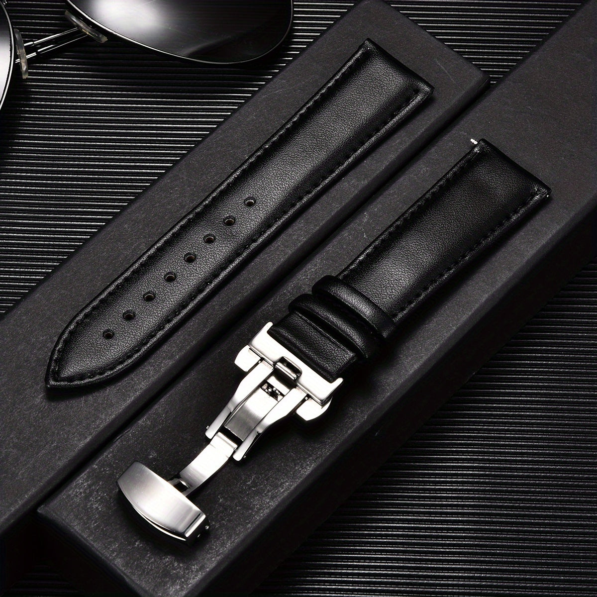 Double Press Solid Butterfly Buckle PU Leather Watch Strap 18mm 20mm 22mm 24mm