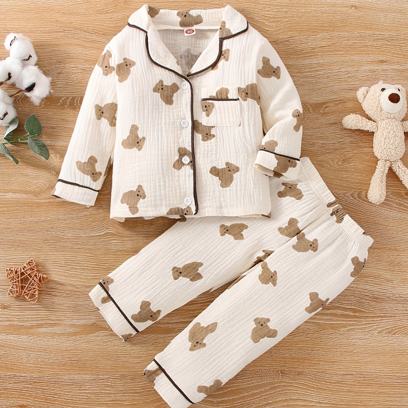 Boys Fall Winter Cotton Long Pant Set with Bear Print Casual Kids Pajama Set
