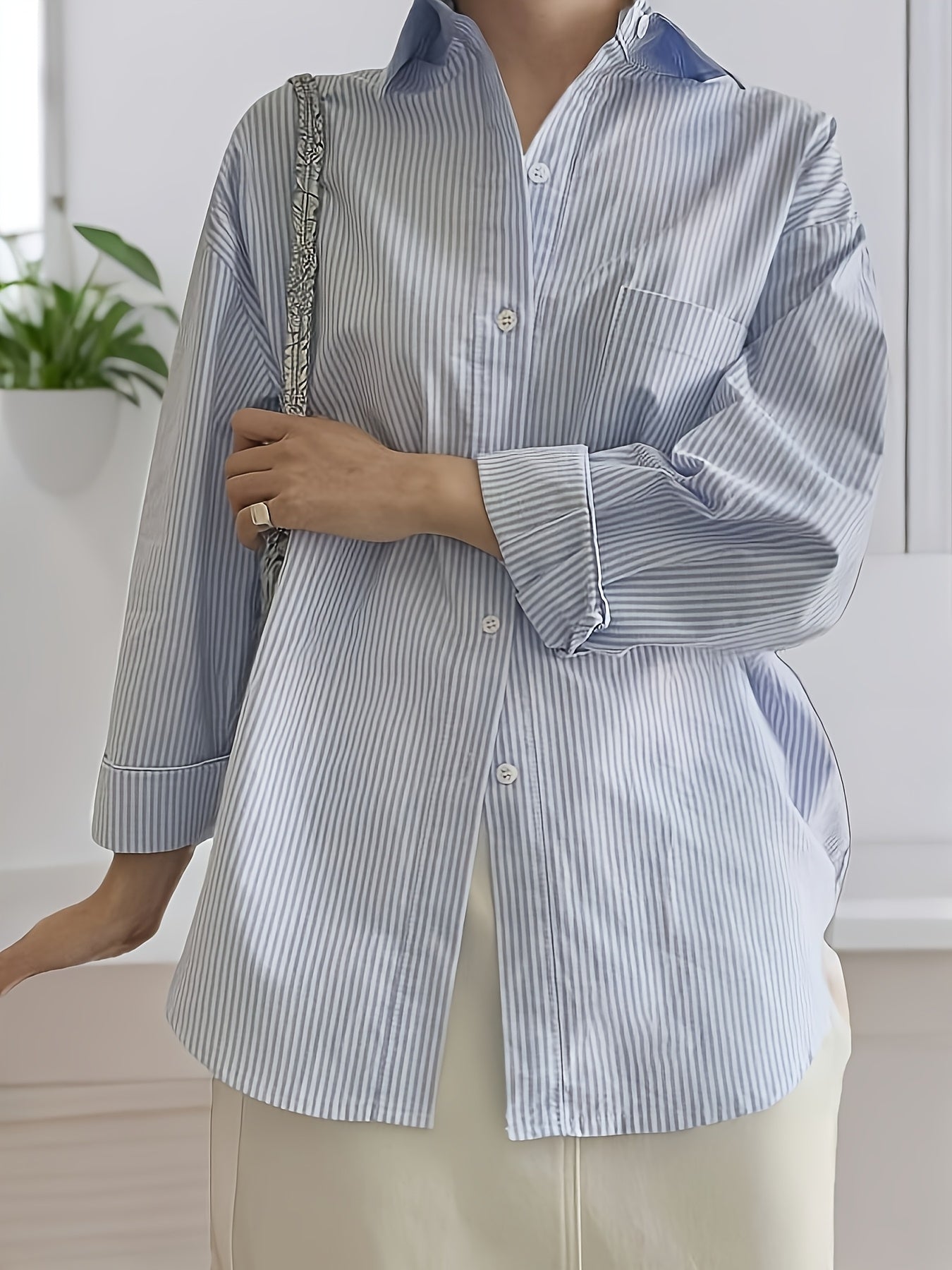 Women's Striped Polyester Shirt with Front Buttons and Polo Collar for Spring Summer