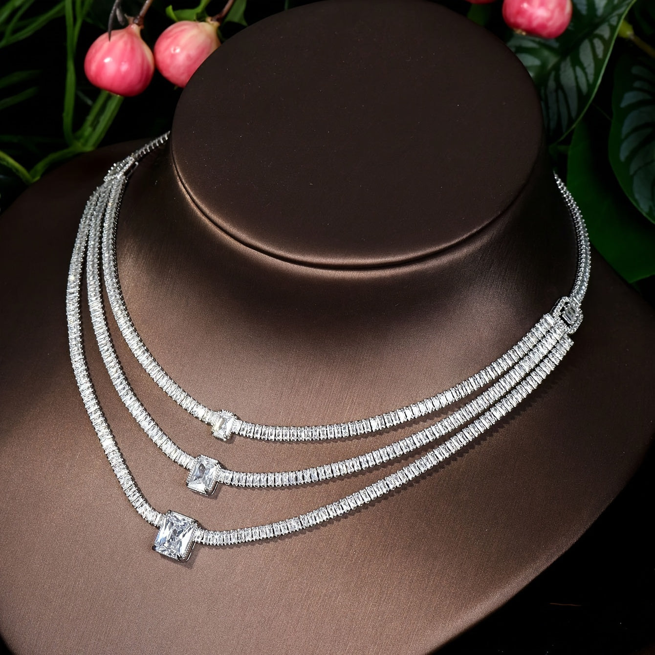 Conjunto de joyería nupcial con zirconia cuadrada de múltiples capas, collar, pendientes, anillo y pulsera chapados en oro de 18k