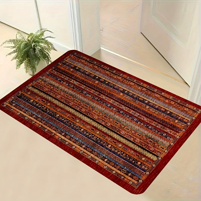 Vintage Red Stripe Area Rug with Anti-Slip and Washable Polyester Floor Mat