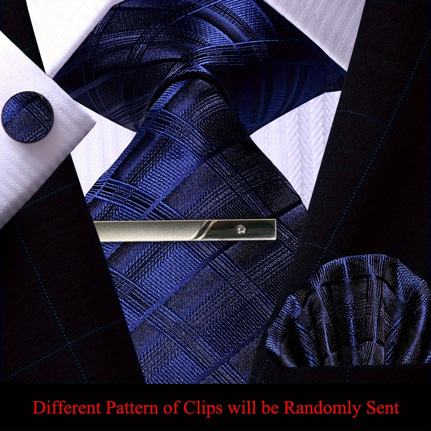 Men's Plaid Tie Pocket Square Cufflinks and Clip Set