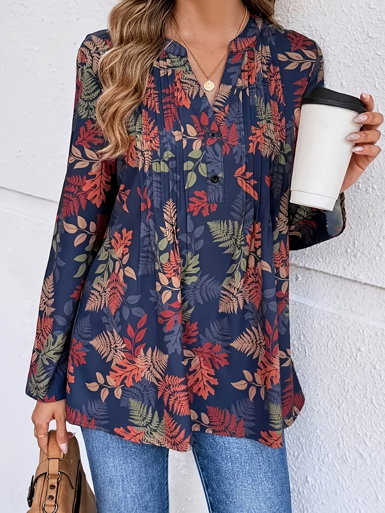 Women’s Polyester V-Neck Long Sleeve Blouse with Ruched Bust All-Season Casual Shirt