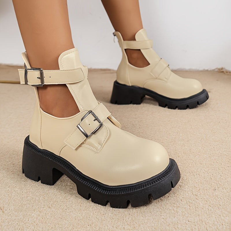 Women's Casual Short Boots Thick Heel Anti-Slip Buckle Zipper British Style