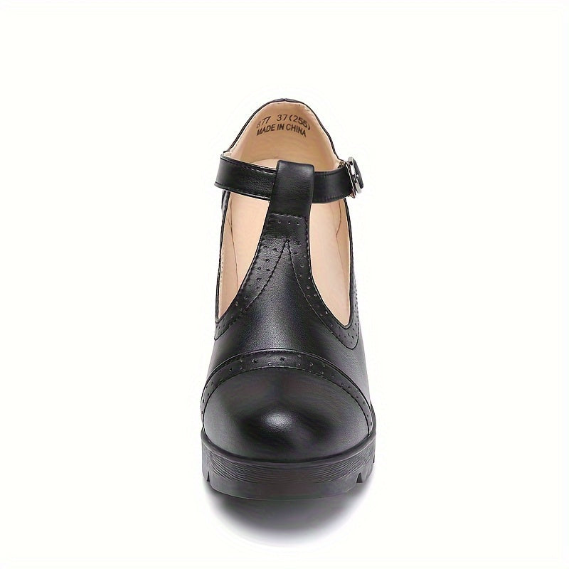 Women's T-Strap Chunky Heels Retro Buckle Oxford Pumps for Office
