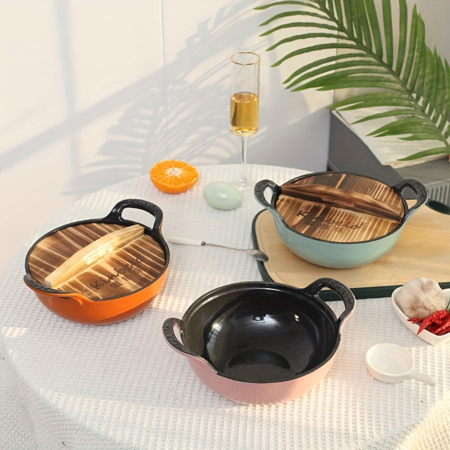 Large 47oz Enamel Cast Iron Dutch Oven with Wooden Lid Non-Stick Coating