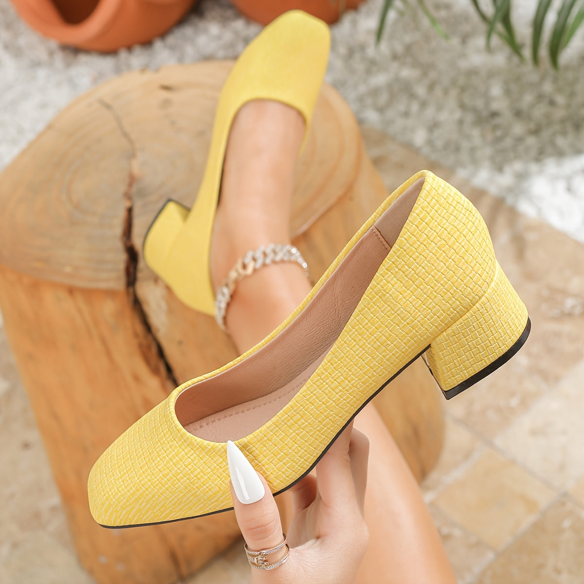 Women's Faux Leather Square Toe Mid Heel Pumps All-Season Dress Shoes Lavender Yellow