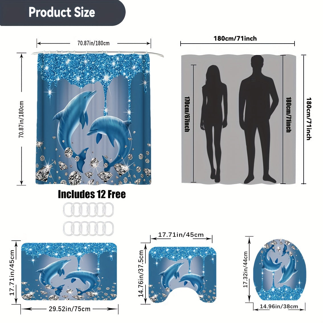 Diamond Dolphin Print Shower Curtain Set Waterproof Polyester Bathroom Decor with Hooks Bath Mat Rug and Toilet Lid Cover