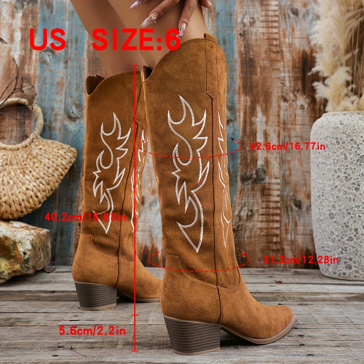 Women's Vintage Western Cowboy Boots Slip-On Embroidered Floral Leather