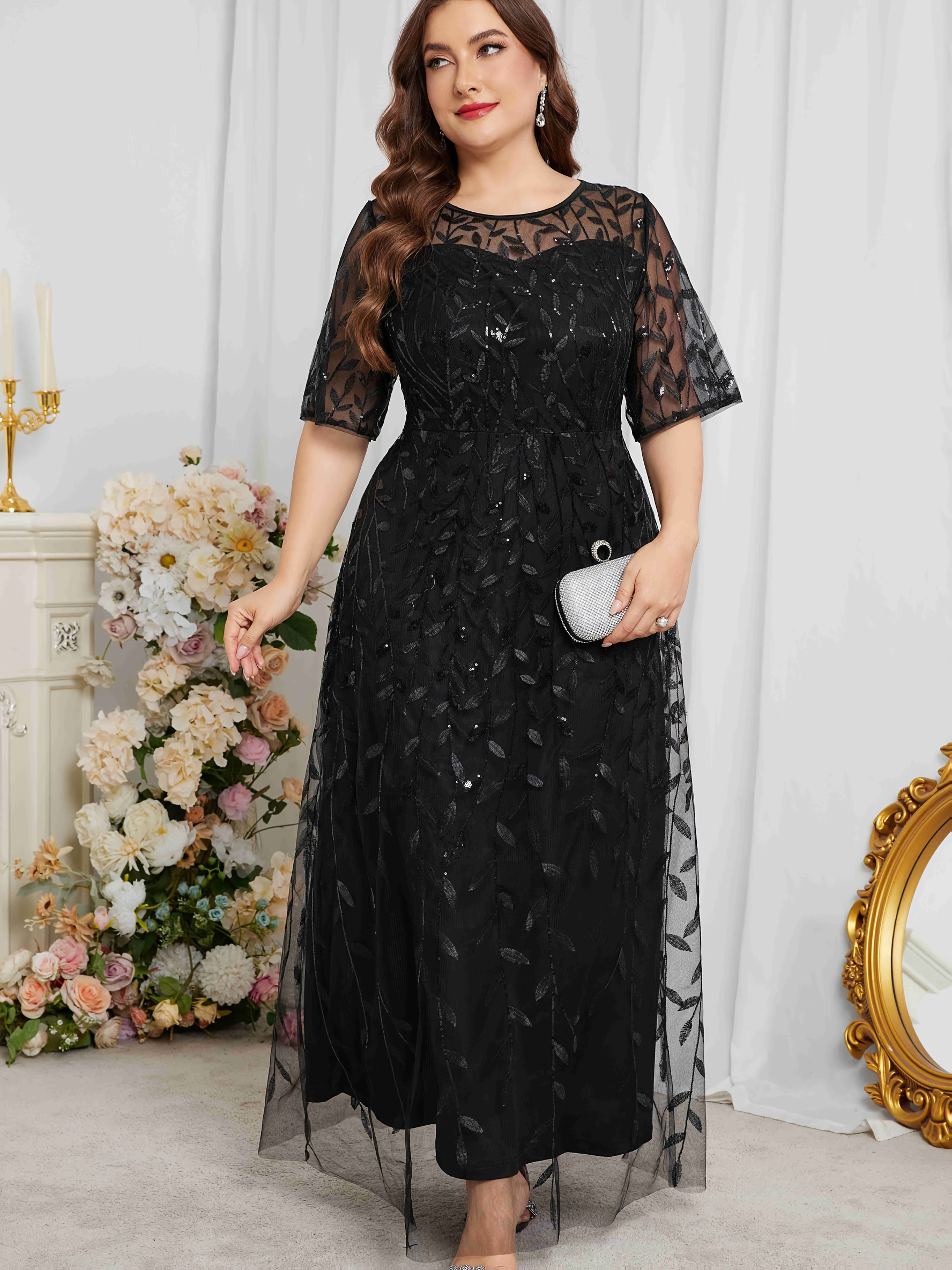 Plus Size Black Lace Trim Peplum Dress Sleeveless Floral Formal Wear