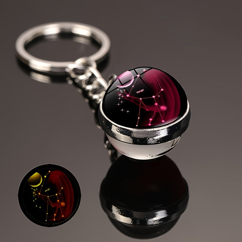 Starry Night Zodiac Keychain Double-Sided Glass Ball Glow-in-Dark Car Accessory