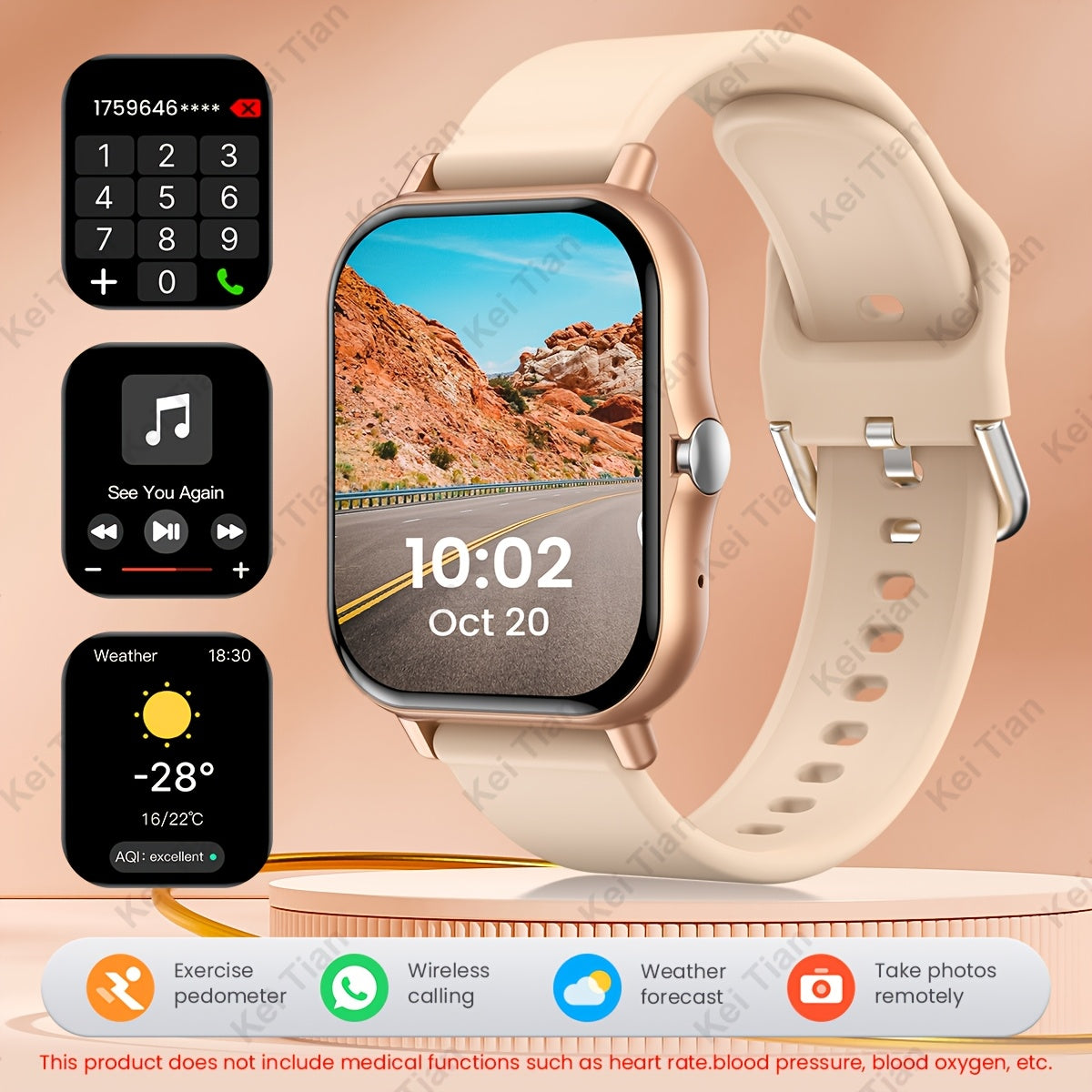 Smartwatch 4.65cm Touch Screen Multi-Sport Tracking Wireless 5.0 Beige Strap