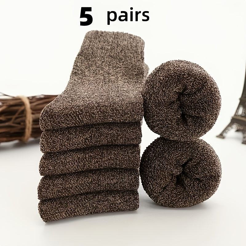 Men's Wool Blend Mid-Calf Winter Socks Set of 5 Solid Colors Warm Casual Gift-Ready