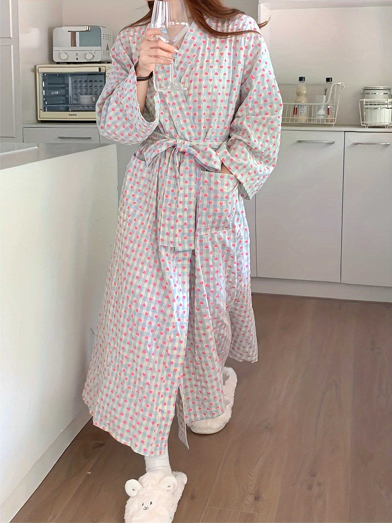 Women's Plaid Heart Print Robe Spring Summer Loose Fit Home Dress