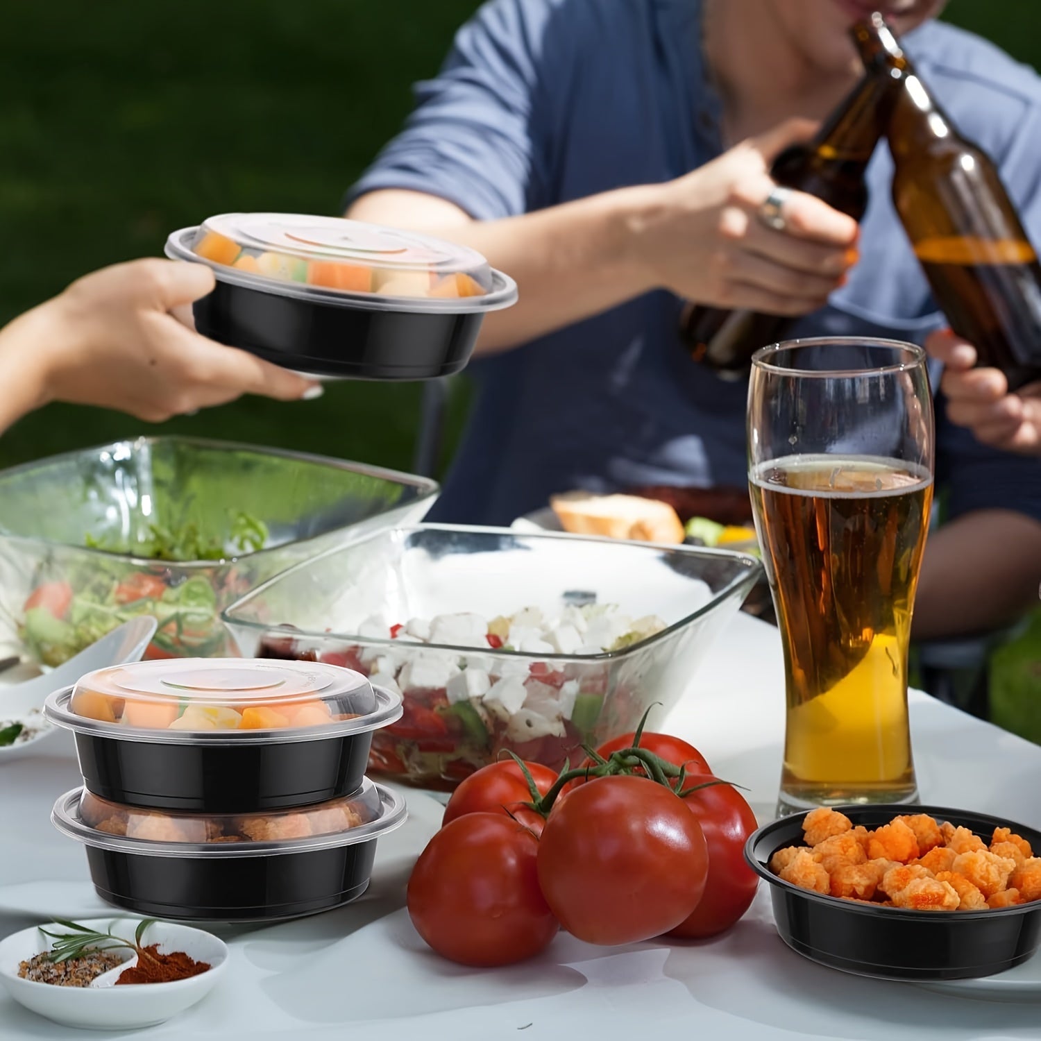 24oz Black Plastic Food Storage Bowls with Lids Pack of 10 30 50 Leakproof Microwave Safe