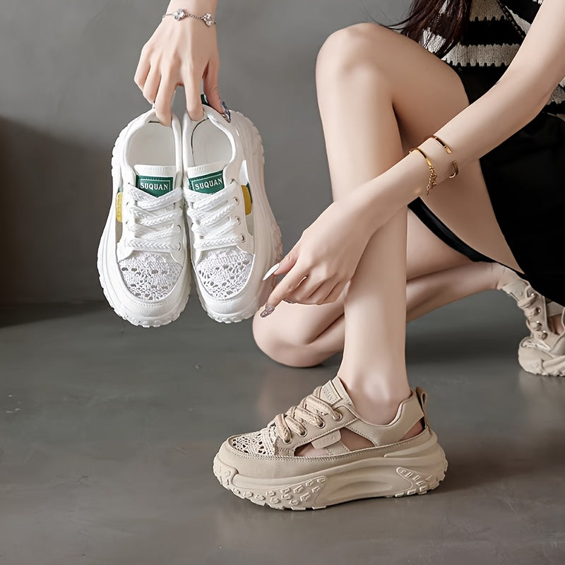 Women's Breathable Mesh Sneakers Summer Walking Shoes Casual Lace-Up Beige Black