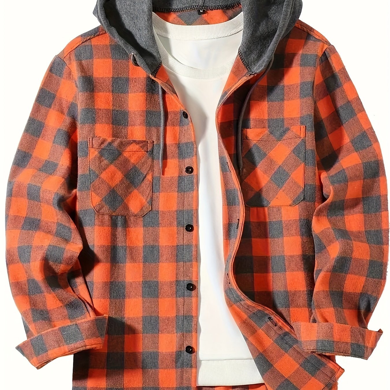 Men's Hooded Plaid Shirt Long Sleeve Casual Spring Fall Polyester Rayon