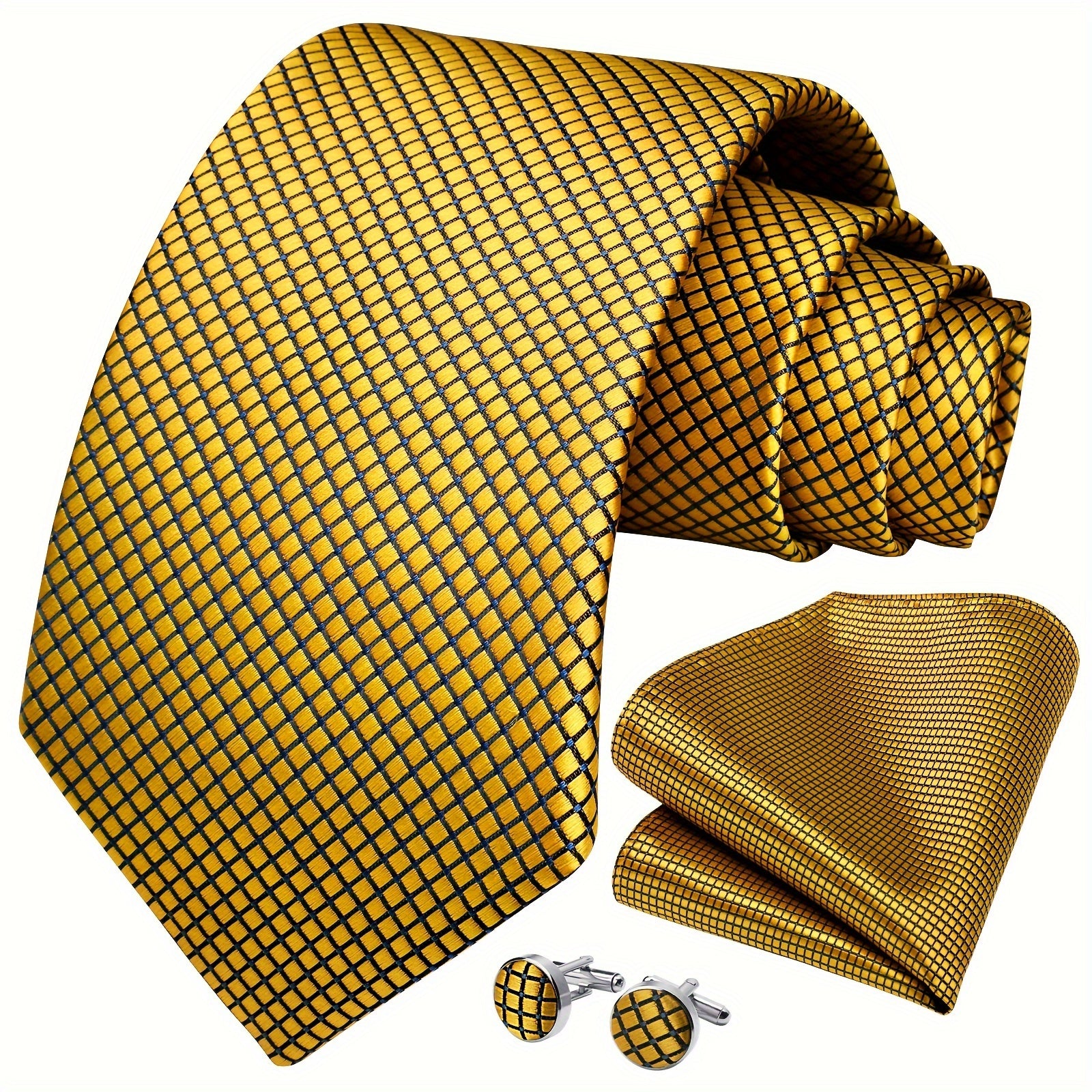 Men's Striped Necktie Set with Cufflinks and Pocket Square for Business and Parties