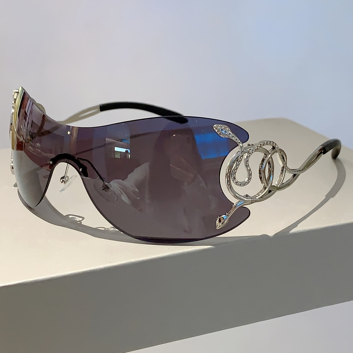 Women Y2K Style One-Piece Lens Sunglasses with Silver Snake Detail