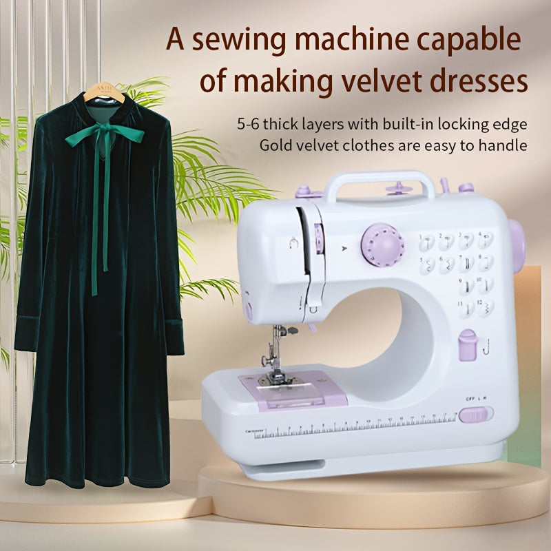 Портативная электрическая швейная машина с 12 стежками, регулируемой скоростью, функцией реверса для начинающих, фиолетовая