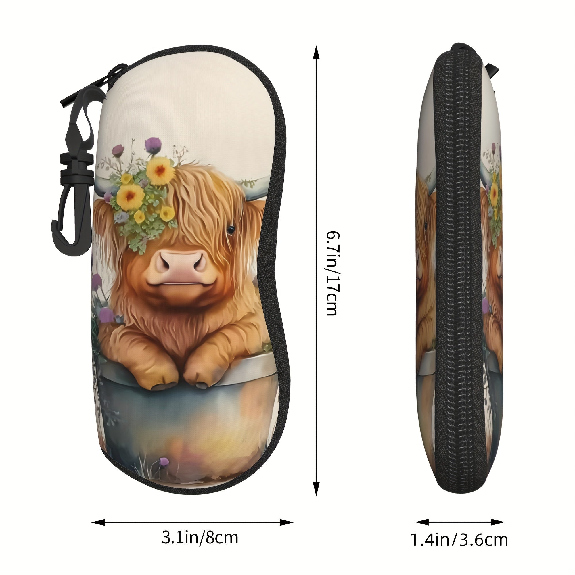 Highland Cow Print Glasses Case Neoprene Eyewear Pouch with Zipper and Belt Clip for Women