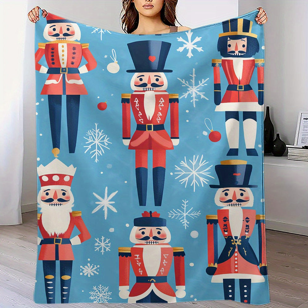 Quilted Polyester Flannel Throw Blanket with Cartoon Nutcracker Pattern for All-Season Use