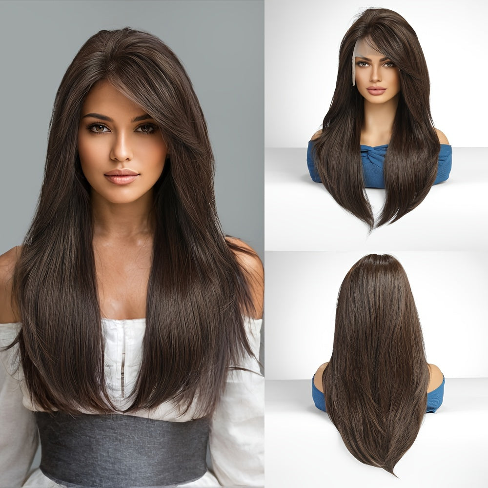 Mujer peluca recta con encaje frontal 33x15cm fibra de alta temperatura aspecto natural ajuste cómodo