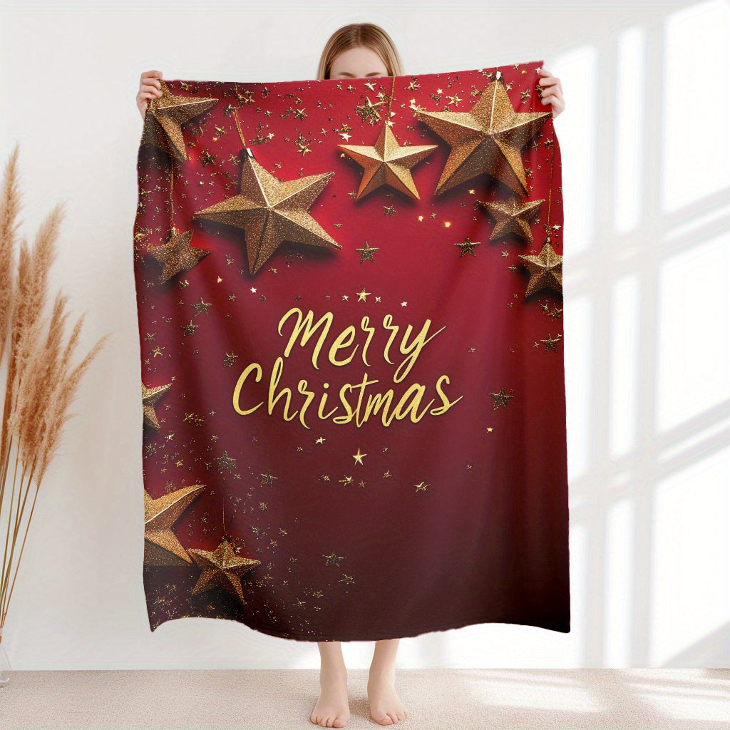 Lightweight Plush Blanket with Star and Merry Christmas Print for Home, Travel, and Camping